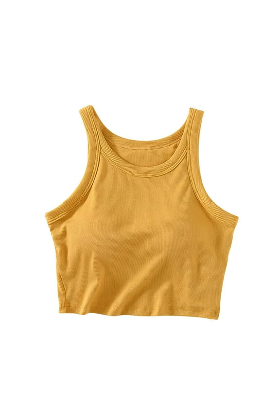 Tank Tops for Women Ribbed Summer Round Neck Sleeveless Comfy Cropped Camis Built in Bras
