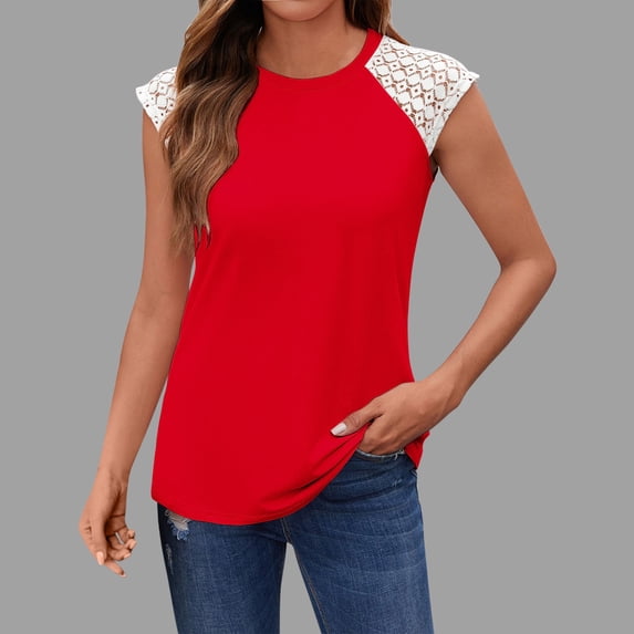 Timegard Tank Tops for Women Summer Crewneck Lace Cap Sleeve Solid Color Casual Comfy Fitting Tee Shirts