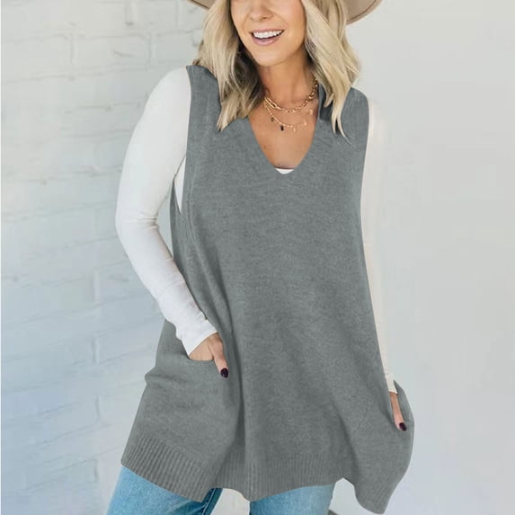 Timegard Tank Tops for Women Trendy V Neck Sleeveless Knit Vests Mid Long Casual Loose Tops with Pockets
