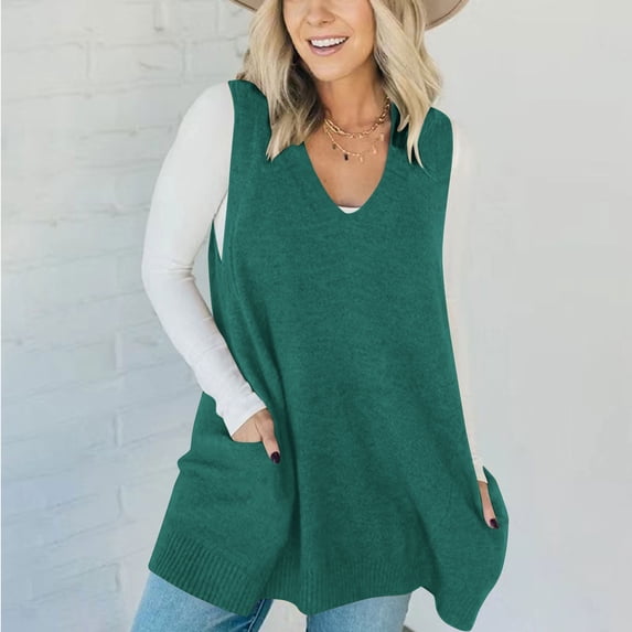 Timegard Tank Tops for Women Trendy V Neck Sleeveless Knit Vests Mid Long Casual Loose Tops with Pockets