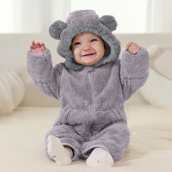 Timegard Toddler Boys Girls Clothes Winter Warm Cute Hood Rompers Fleece Fuzzy Comfy Zip up Infant Onesies