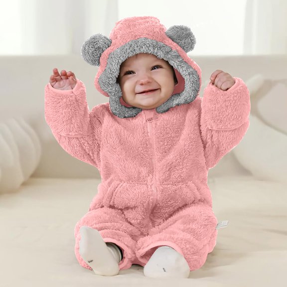 Timegard Toddler Boys Girls Clothes Winter Warm Cute Hood Rompers Fleece Fuzzy Comfy Zip up Infant Onesies