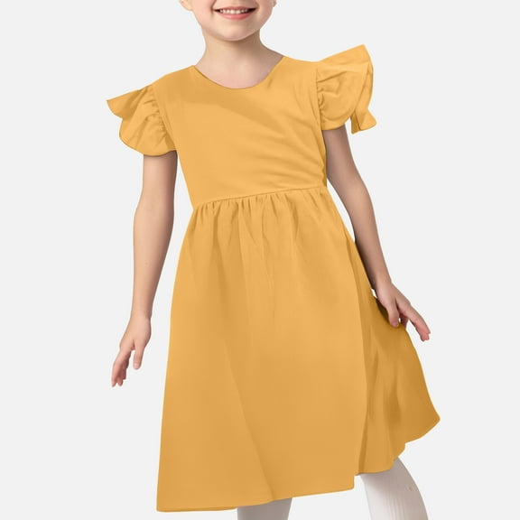 Timegard Toddler Girls Clothes Cute Ruffle Short Sleeve Dresses Kids Ruched Loose Comfy Dress Fashion