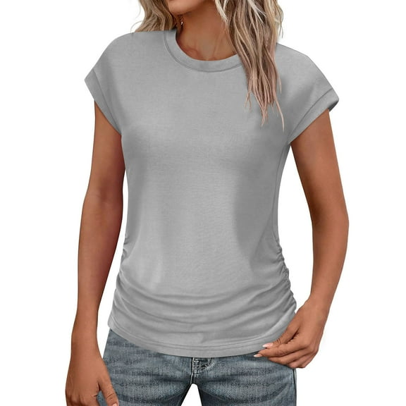 Timegard Top for Women Cap Sleeve Crewneck Side Drawstring Slim Comfy Casual Tunic Top Solid Color