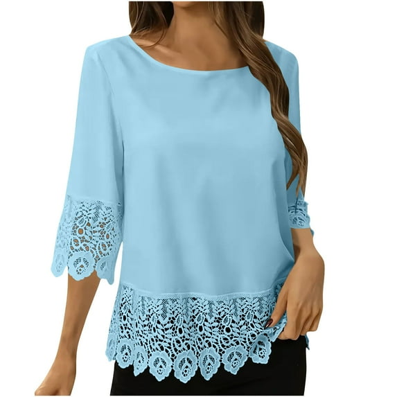 Timegard Top for Women Scoop Neck Lace 3/4 Sleeve Loose Comfy Tee Shirts Summer Casual Top Blouse