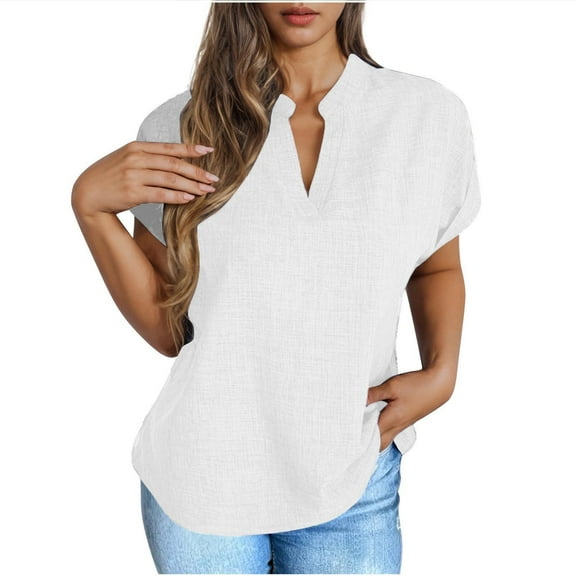 Timegard Top for Women Stand Collar V Neck Drop Shoulder Loose Casual Short Sleeve Tee Top Solid Color
