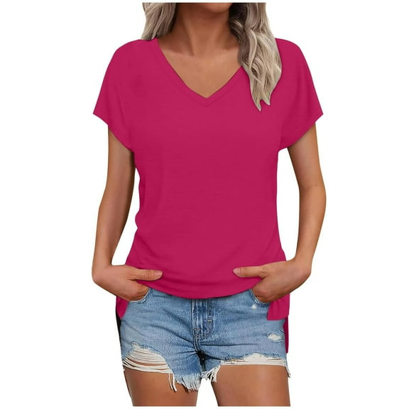 Timegard Top for Women V Neck Drop Shoulder Side Split Solid Color Comfy Casual Basic Tee Shirts Summer