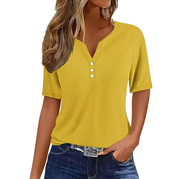 Timegard Tops for Women Casual Comfy Notched V Neck Button Blouse Short Sleeve Solid Color Tops Tee