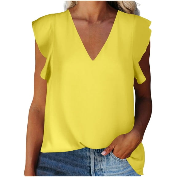 Timegard Tops for Women Chiffon Ruffle Cap Sleeve V Neck Loose Blouse Summer Vacation Casual Tops