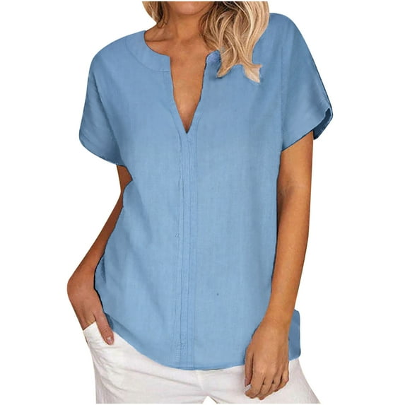 Timegard Tops for Women Cotton Linen Short Sleeve V-Neck Solid Color Casual Loose Top Blouse Basic Tee