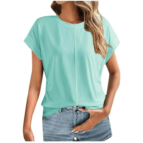 Timegard Tops for Women Crewneck Cap Sleeve Side Ruched Comfy Fitting Casual Solid Color Tee Fashion