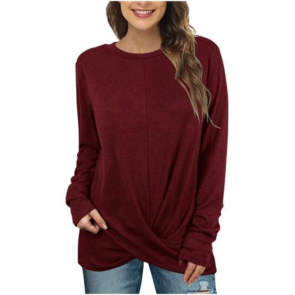 Timegard Tops for Women Crewneck Long Sleeve Front Knot Comfy Shirts Fall Casual Loose Tops Basic Tee
