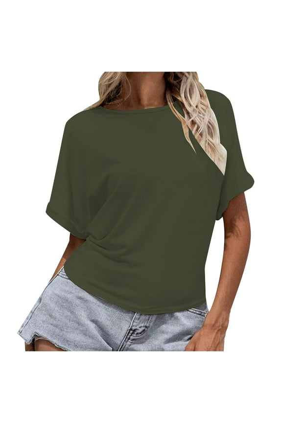 Tops for Women Crewneck Short Sleeve Back Split Loose Comfy Tops Tee Casual Solid Color Blouse