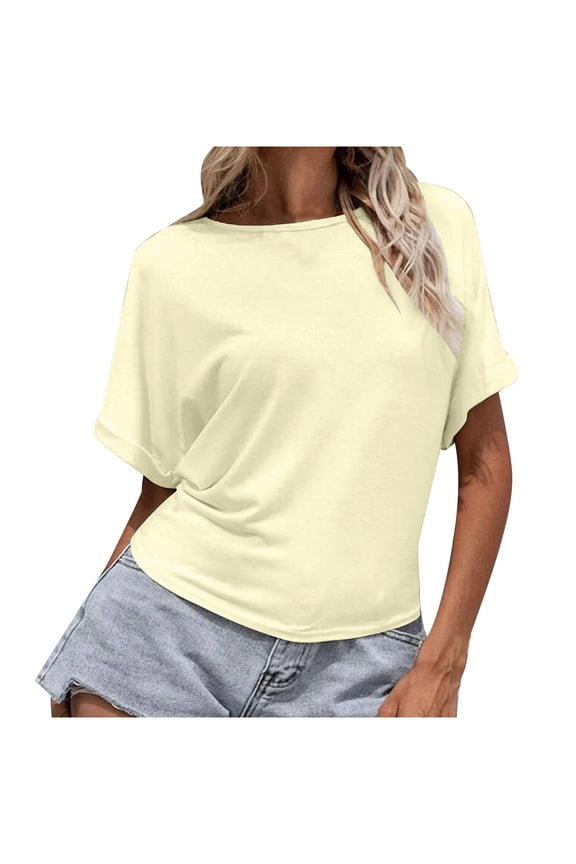 Tops for Women Crewneck Short Sleeve Back Split Loose Comfy Tops Tee Casual Solid Color Blouse