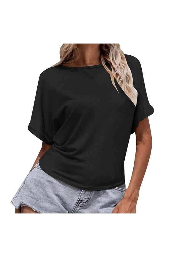 Tops for Women Crewneck Short Sleeve Back Split Loose Comfy Tops Tee Casual Solid Color Blouse