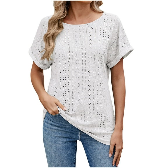 Timegard Tops for Women Eyelet Round Neck Roll Short Sleeve Loose Comfy Solid Color Beach Casual Tee