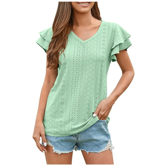 Timegard Tops for Women Eyelet V Neck Ruffle Cap Sleeve Comfy Solid Color Summer Beach Casual Tops