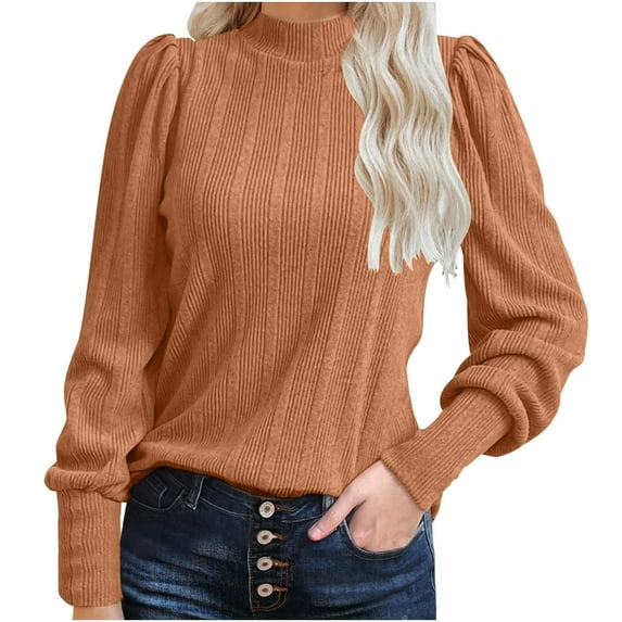 Timegard Tops for Women Half High Neck Puff Long Sleeve Blouse Fall Work Casual Solid Color Comfy Tops