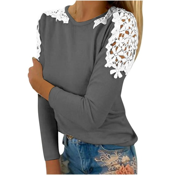 Timegard Tops for Women Lace Long Sleeve Crewneck Comfy Solid Color Fall Tee Dressy Casual Loose Tops