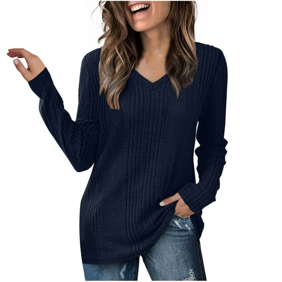 Timegard Tops for Women Long Sleeve V Neck Slim Blouse Solid Color Casual Comfy Mid Long Tops Fall