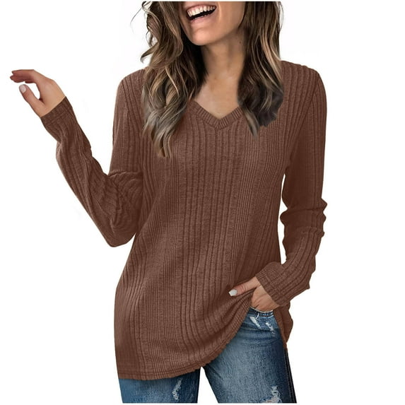 Timegard Tops for Women Long Sleeve V Neck Slim Blouse Solid Color Casual Comfy Mid Long Tops Fall