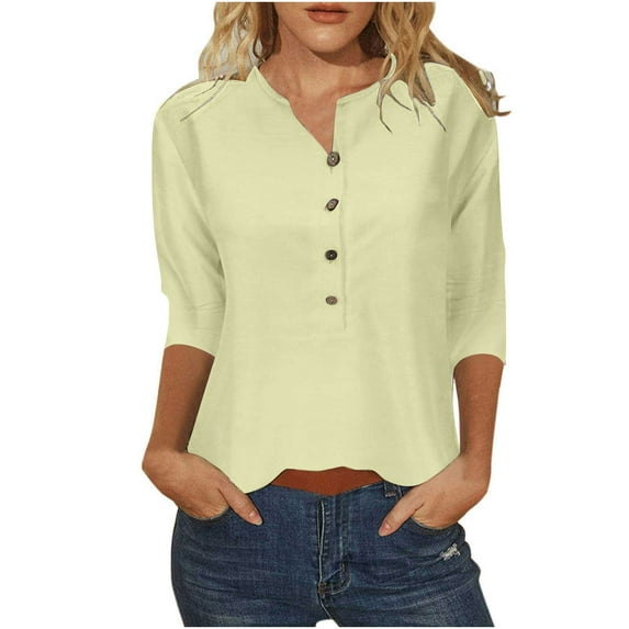 Timegard Tops for Women Notched V-Neck Button 3/4 Sleeve Solid Color Comfy Summer Casual Loose Tops