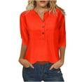thumbnail image 1 of Timegard Tops for Women Notched V-Neck Button 3/4 Sleeve Solid Color Comfy Summer Casual Loose Tops, 1 of 5