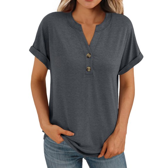 Timegard Tops for Women Notched V Neck Button Short Sleeve Tee Shirts Summer Casual Fitting Comfy Tops