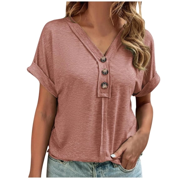 Timegard Tops for Women Notched V Neck Button Short Sleeve Tee Shirts Summer Casual Fitting Comfy Tops