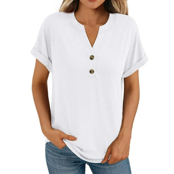 Timegard Tops for Women Notched V Neck Button Short Sleeve Tee Shirts Summer Casual Fitting Comfy Tops