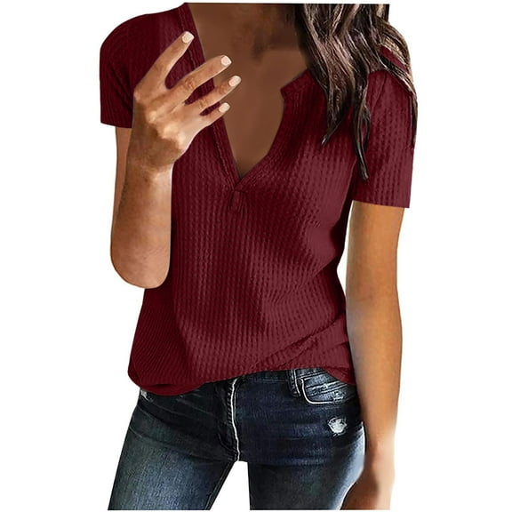 Timegard Tops for Women Notched V Neck Drop Shoulder Short Sleeve Solid Color Casual Shirts Fashion