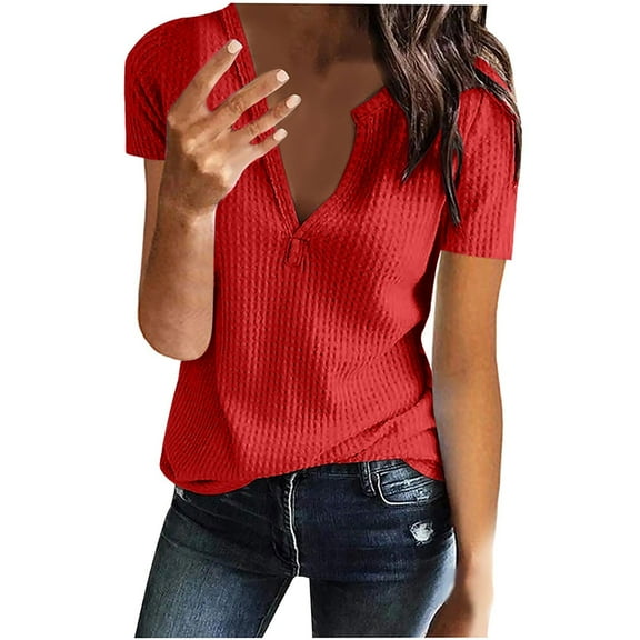 Timegard Tops for Women Notched V Neck Drop Shoulder Short Sleeve Solid Color Casual Shirts Fashion