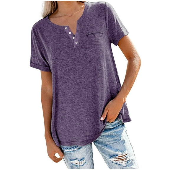 Timegard Tops for Women Notched V Neck Short Sleeve Solid Color Comfy Casual Loose Tops Summer Fashion
