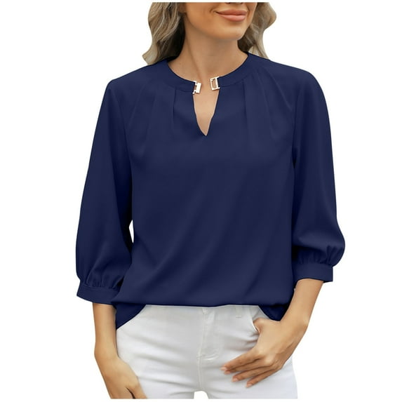 Timegard Tops for Women Puff 3/4 Sleeve Keyhole Neck Lightweight Blouse Dressy Casual Loose Comfy Tops