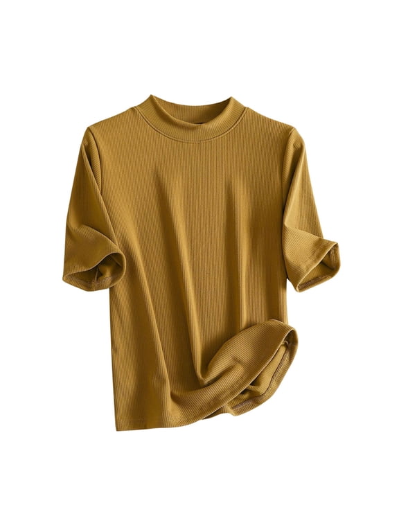 Tops for Women Ribbed 1/2 Sleeve Half High Neck Loose Solid Color Casual Comfy Top Blouse