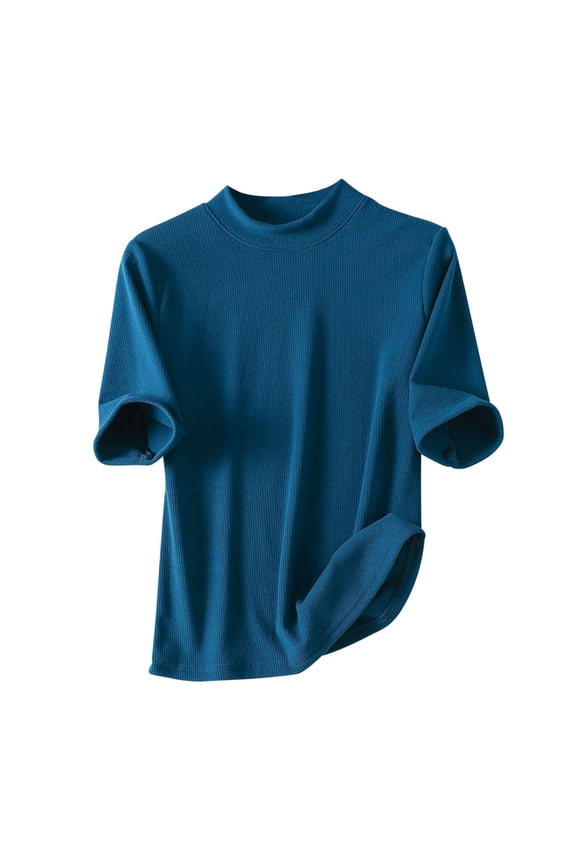 Tops for Women Ribbed 1/2 Sleeve Half High Neck Loose Solid Color Casual Comfy Top Blouse