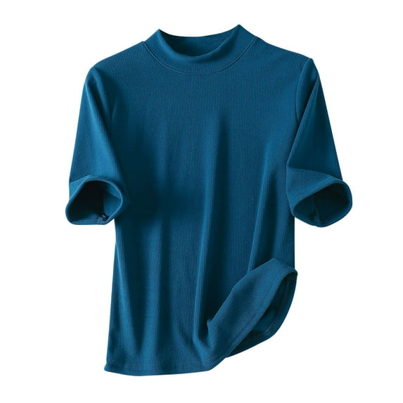 Timegard Tops for Women Ribbed 1/2 Sleeve Half High Neck Loose Solid Color Casual Comfy Top Blouse