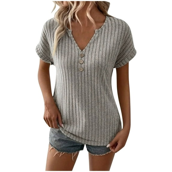 Timegard Tops for Women Ribbed V Neck Button Short Sleeve Loose Casual Comfy Top Tee Solid Color