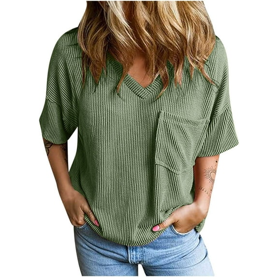 Timegard Tops for Women Ribbed V Neck Drop Shoulder Comfy Loose Tee Shirts Casual Short Sleeve Tops