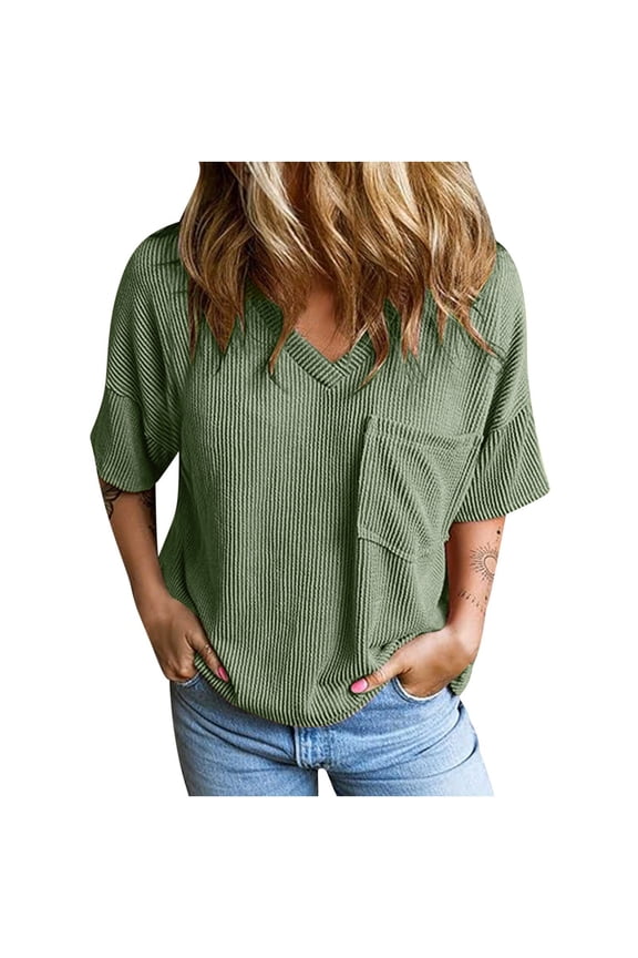 Tops for Women Ribbed V Neck Drop Shoulder Comfy Loose Tee Shirts Casual Short Sleeve Tops