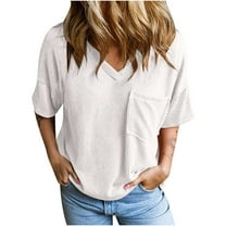 Timegard Tops for Women Ribbed V Neck Drop Shoulder Comfy Loose Tee Shirts Casual Short Sleeve Tops