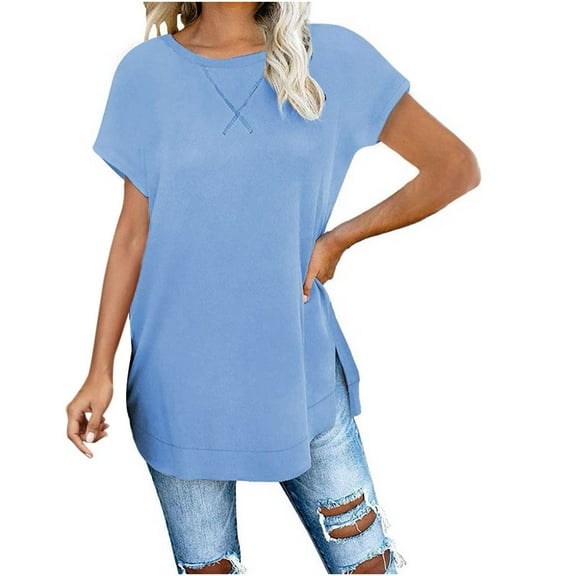 Timegard Tops for Women Round Neck Drop Shoulder Side Split Blouse Casual Fitting Comfy Shirts Tops