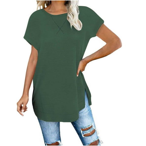 Timegard Tops for Women Round Neck Drop Shoulder Side Split Blouse Casual Fitting Comfy Shirts Tops