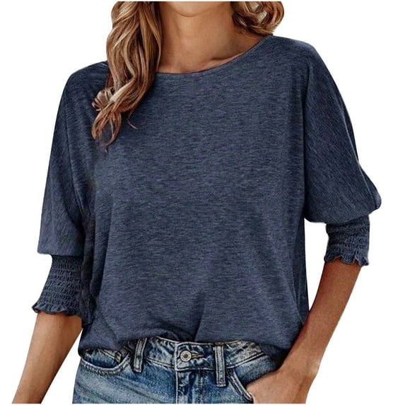 Timegard Tops for Women Round Neck Puff 1/2 Sleeve Loose Comfy Blouse Summer Casual Solid Color Tops