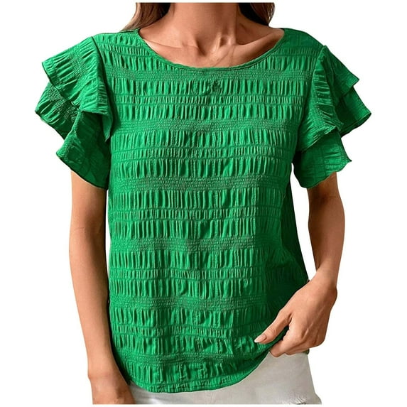 Timegard Tops for Women Round Neck Ruffle Short Sleeve Lightweight Summer Casual Loose Shirts Top Blouse