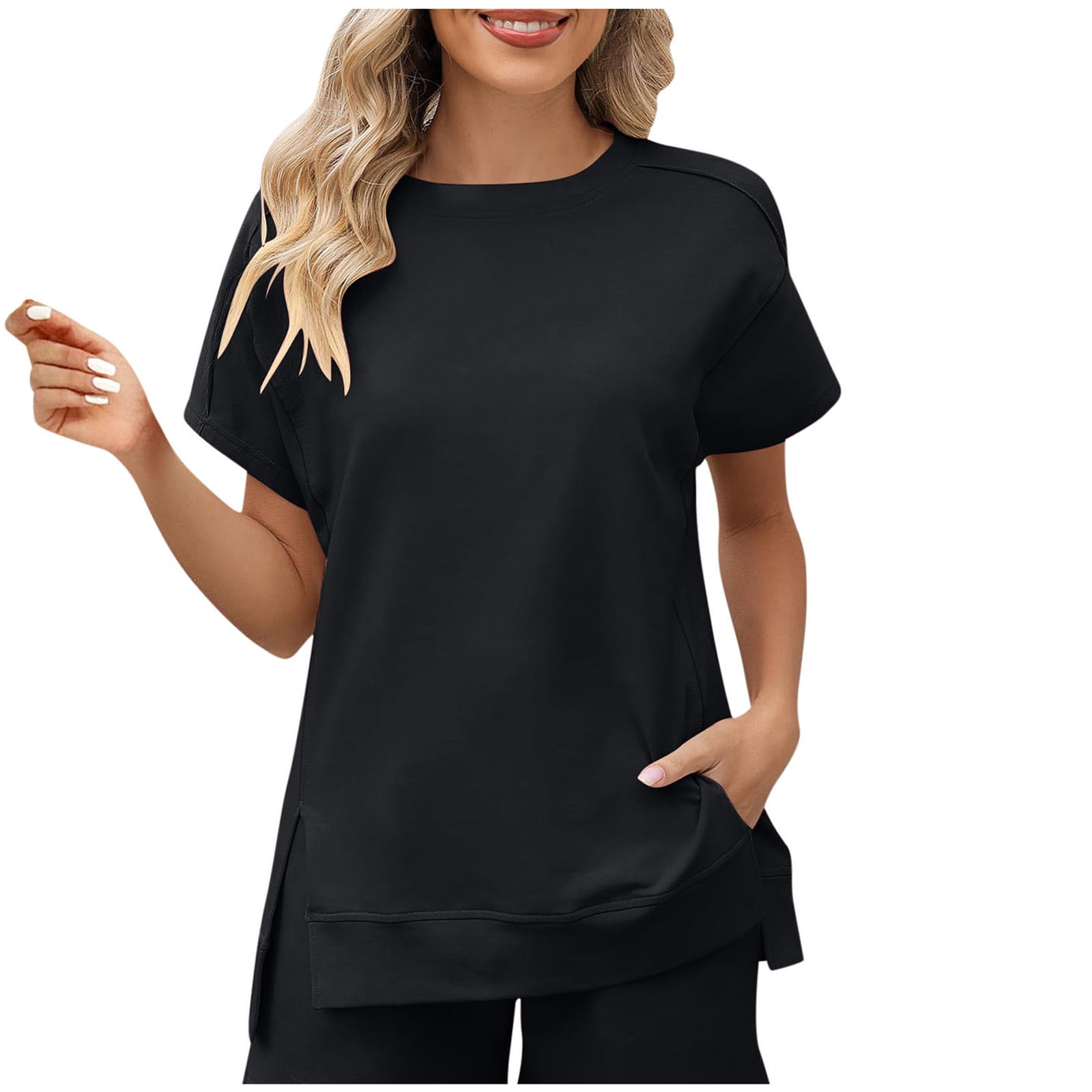Timegard Tops for Women Round Neck Short Sleeve Side Split Sweatshirt ...