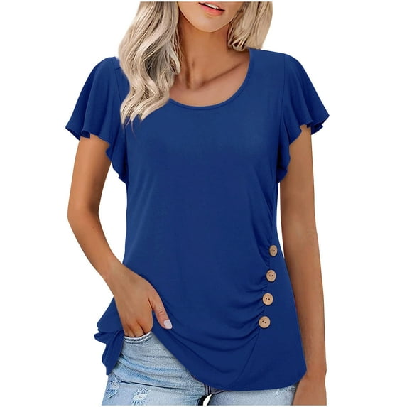 Timegard Tops for Women Ruffle Cap Sleeve Round Neck Side Button Ruched Dressy Casual Tunic Top Blouse