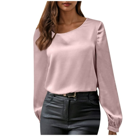 Timegard Tops for Women Satin Drop Shoulder Crewneck Thin Solid Color Casual Long Sleeve Blouse Tops