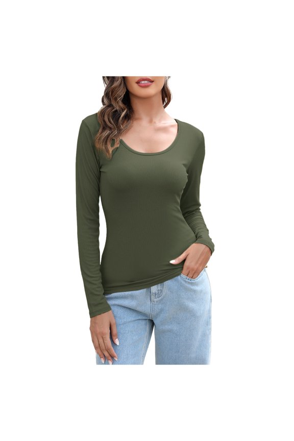 Tops for Women Scoop Neck Ribbed Long Sleeve Basic Tee Undershirts Fall Casual Loose Tops