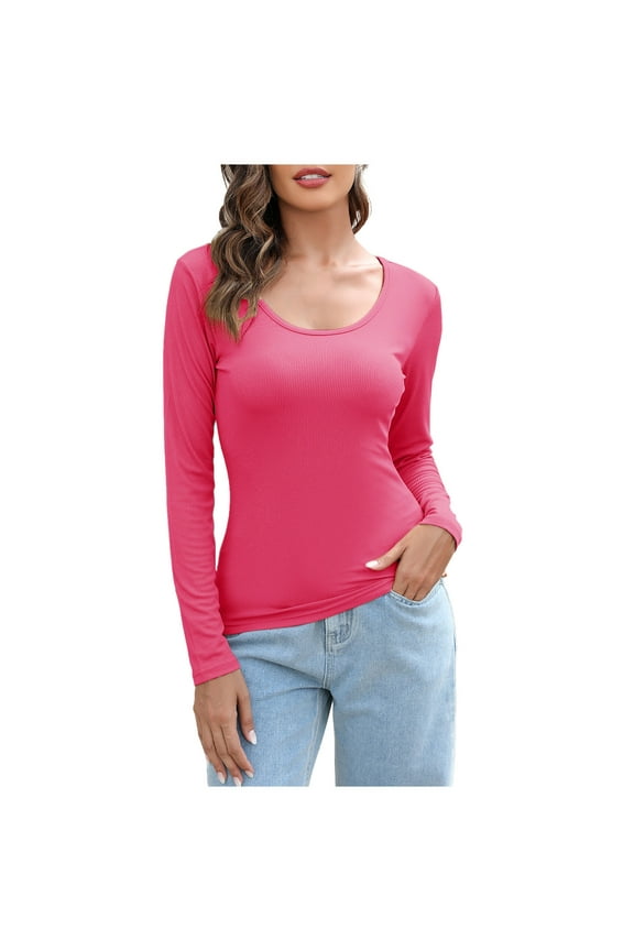 Tops for Women Scoop Neck Ribbed Long Sleeve Basic Tee Undershirts Fall Casual Loose Tops